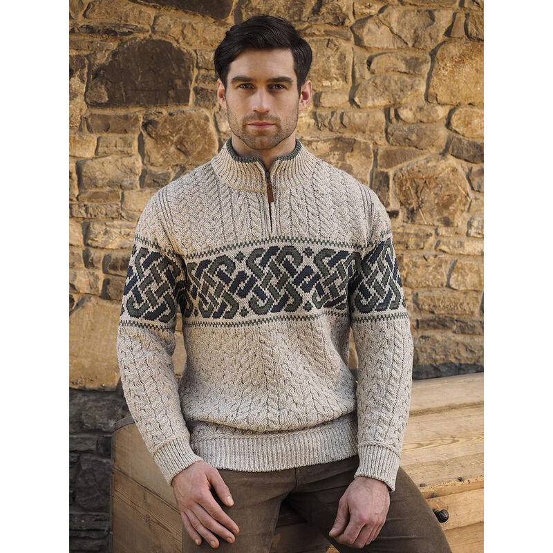 Men's Half-Zipped Jacquard Sweater with Celtic Knitted Design  Oatmeal Colour